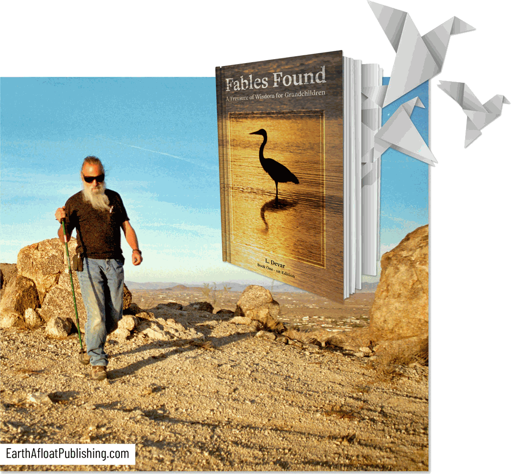 The author on a rocky hilltop with a Fables Found book mockup and origami birds